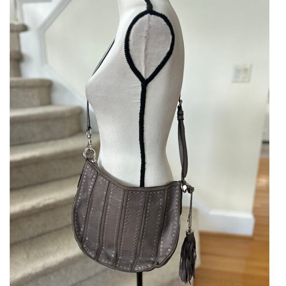 Michael Kors Taupe Grey Stud Rivet Crossbody Saddle Tassel Bag - Picture 1 of 14